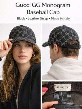 Gucci GG Monogram Baseball Cap Black Leather Strap Size M